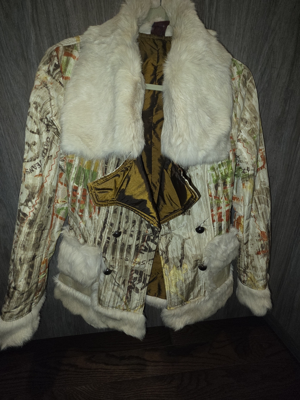 Lagate Jeans Cream Faux Fur-Trim Printed Jacket with Multicolor Accents